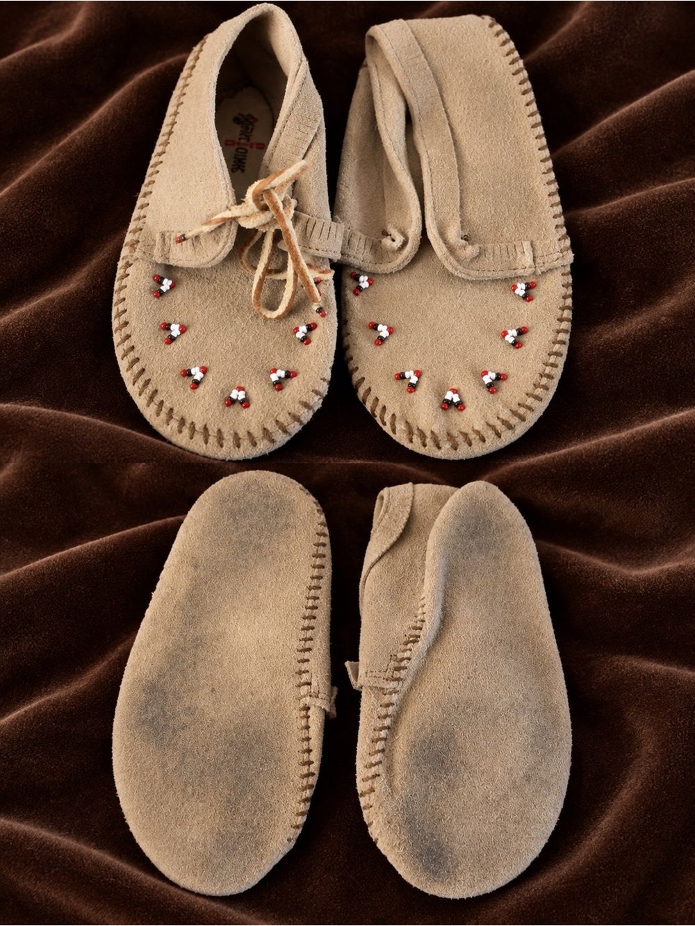 Minnetonka Kids Tan Suede Moccasins with Red & White Bead Detail